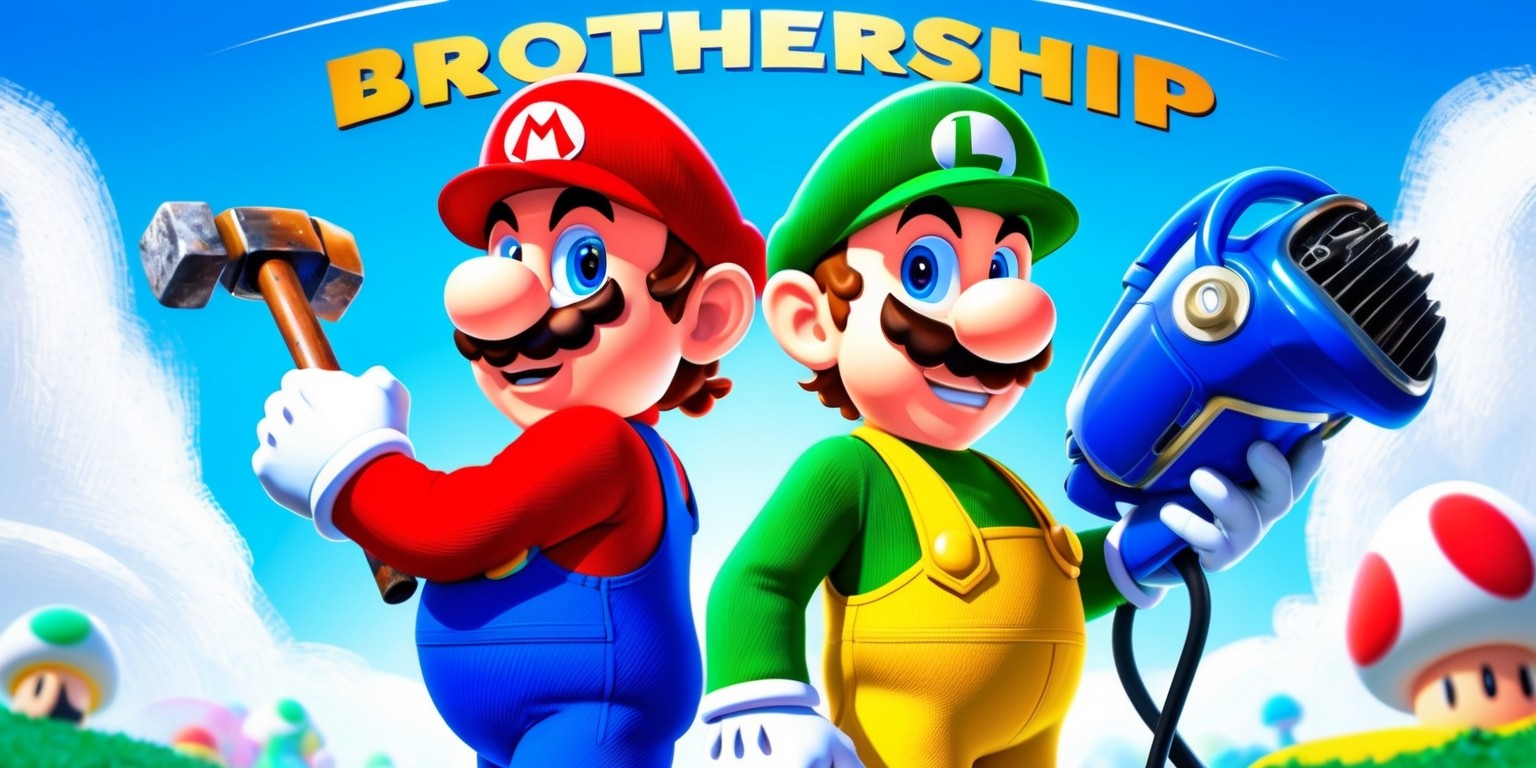 A vibrant, colorful illustration of Mario and Luigi, the iconic brothers from the popular video game series, standing back-to-back, gazing out at the viewer with confident smiles, showcasing their brotherly bond and unity, set against a bright blue sky with fluffy white clouds and a hint of the Mushroom Kingdom landscape in the background, with Mario wearing his signature red cap and blue overalls, and Luigi donning his green cap and yellow overalls, both with mustaches and expressive eyes, holding a worn, golden-hued hammer and a trusty blue Poltergust 3000 vacuum cleaner respectively, with bold, dynamic brushstrokes and textures, reminiscent of a classic video game poster, with a subtle, gradient-style glow effect surrounding the brothers, emphasizing their heroic aura, and a stylized, curved 