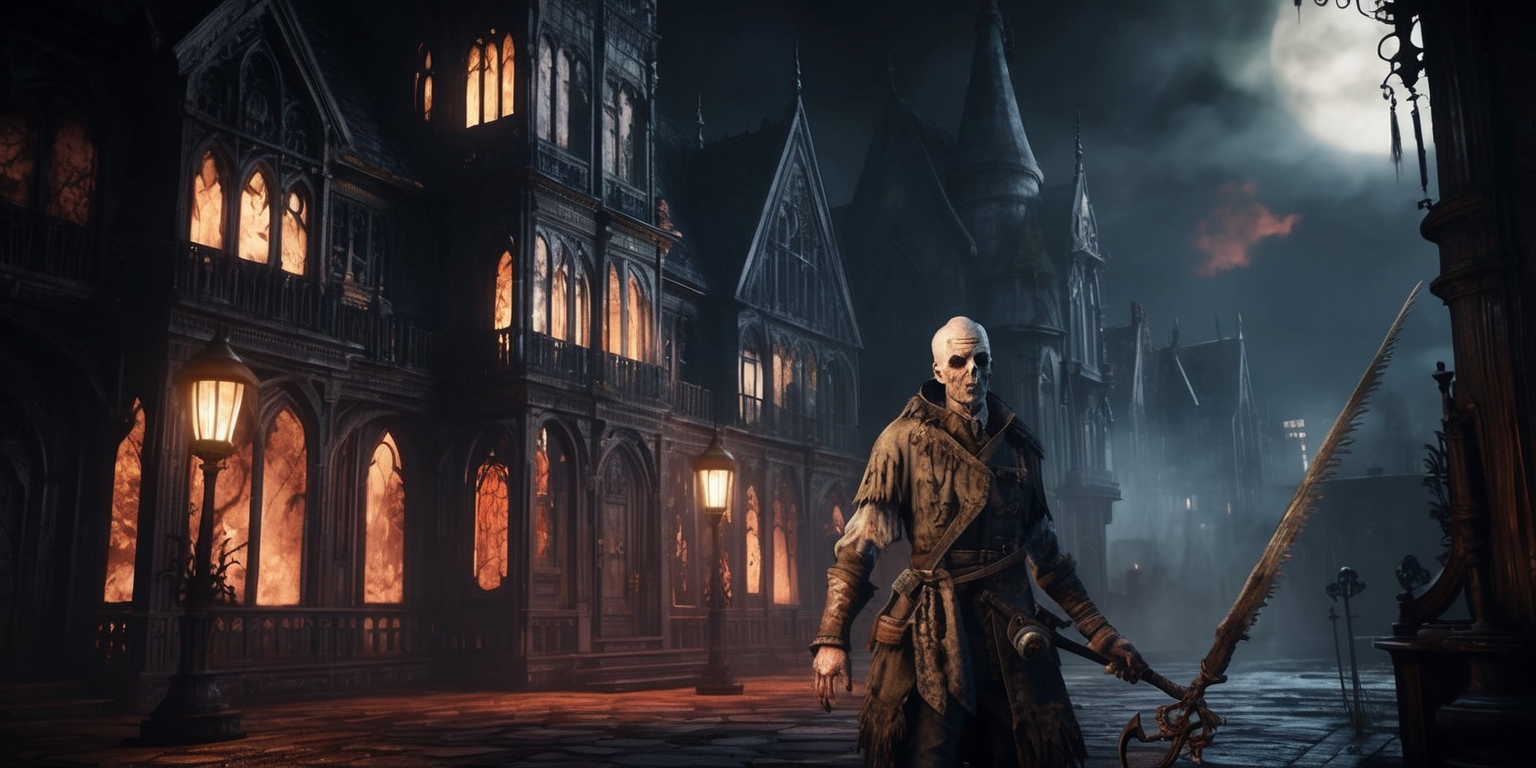 A hauntingly beautiful, atmospheric scene from the dark, Victorian-era inspired city of Yharnam, with intricately designed Gothic architecture and flickering lanterns casting eerie shadows, set against a backdrop of dark, foreboding skies, with subtle hints of crimson and orange hues, evoking a sense of foreboding and unease, as if the city itself is alive and watching, featuring iconic Bloodborne characters, such as the Hunter, adorned in tattered, worn clothing, with pale, gaunt skin and sunken eyes, grasping a worn, ornate saw-spear, illuminated by faint, flickering moonlight, with subtle mist and fog effects, blurring the lines between reality and the dark, twisted world of Bloodborne.