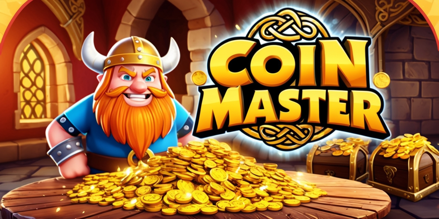 A vibrant and colorful illustration of the popular mobile game Coin Master, featuring a fair-skinned, cartoon-style Viking character with a bold, bushy beard and a mischievous grin, standing in front of a rustic, wooden table overflowing with glittering gold coins and treasure chests, set against a warm, sunset-inspired background with intricate, medieval-style stone walls and arched windows, with the game's logo prominently displayed in bold, golden font with a Celtic knot pattern, surrounded by ornate, curved lines and subtle, shimmering effects to convey a sense of excitement and adventure.