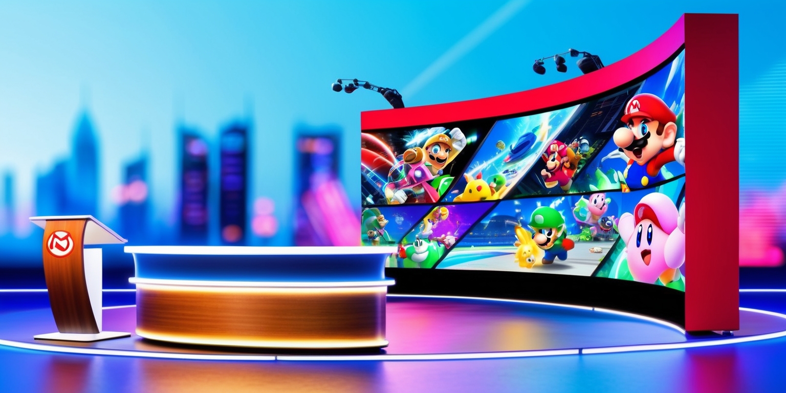 A vibrant and dynamic illustration of a Nintendo Direct showcase, set against a bright blue background with subtle hints of gradient, evoking a sense of excitement and energy. The focal point is a large, curved screen displaying a montage of iconic Nintendo characters, such as Mario, Link, and Kirby, in various action-packed poses, with flashes of bright colors and bold graphics. To the left, a sleek, modern conference table with a polished wood finish, adorned with Nintendo's signature red logo, stands alongside a stylish, minimalist podium with a glowing blue ring. Behind the table, a blurred, yet vibrant, cityscape at dusk, with skyscrapers and neon lights, adding depth and atmosphere. The overall aesthetic is a perfect blend of futuristic, high-tech, and playful, capturing the essence of Nintendo's innovative spirit.