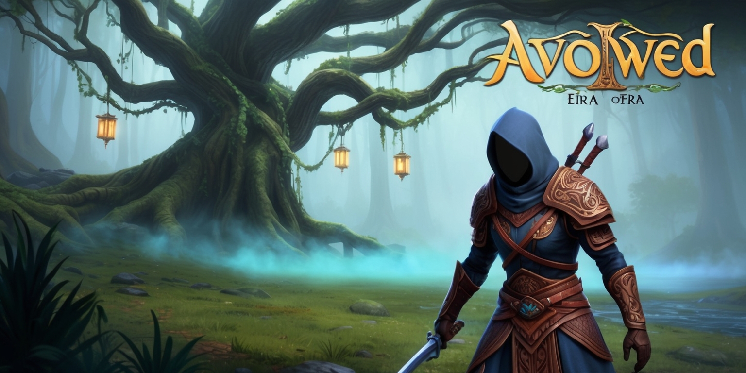 A mystical, atmospheric illustration of a scene from the Avowed game, set in the fantastical world of Eira, featuring a brave, hooded warrior standing at the edge of a misty, moss-covered forest, with a sprawling, ancient tree looming in the background, its gnarled branches twisted with vines and lanterns, casting a warm, ethereal glow, while a subtle, gradient blue mist rises from the forest floor, evoking a sense of mystery and wonder, with the warrior's facial features obscured, adding to the air of enigma, and their armor adorned with intricate, Celtic-inspired patterns, with the game's title Avowed emblazoned in bold, golden script at the top of the image, with subtle, ornate details and flourishes.