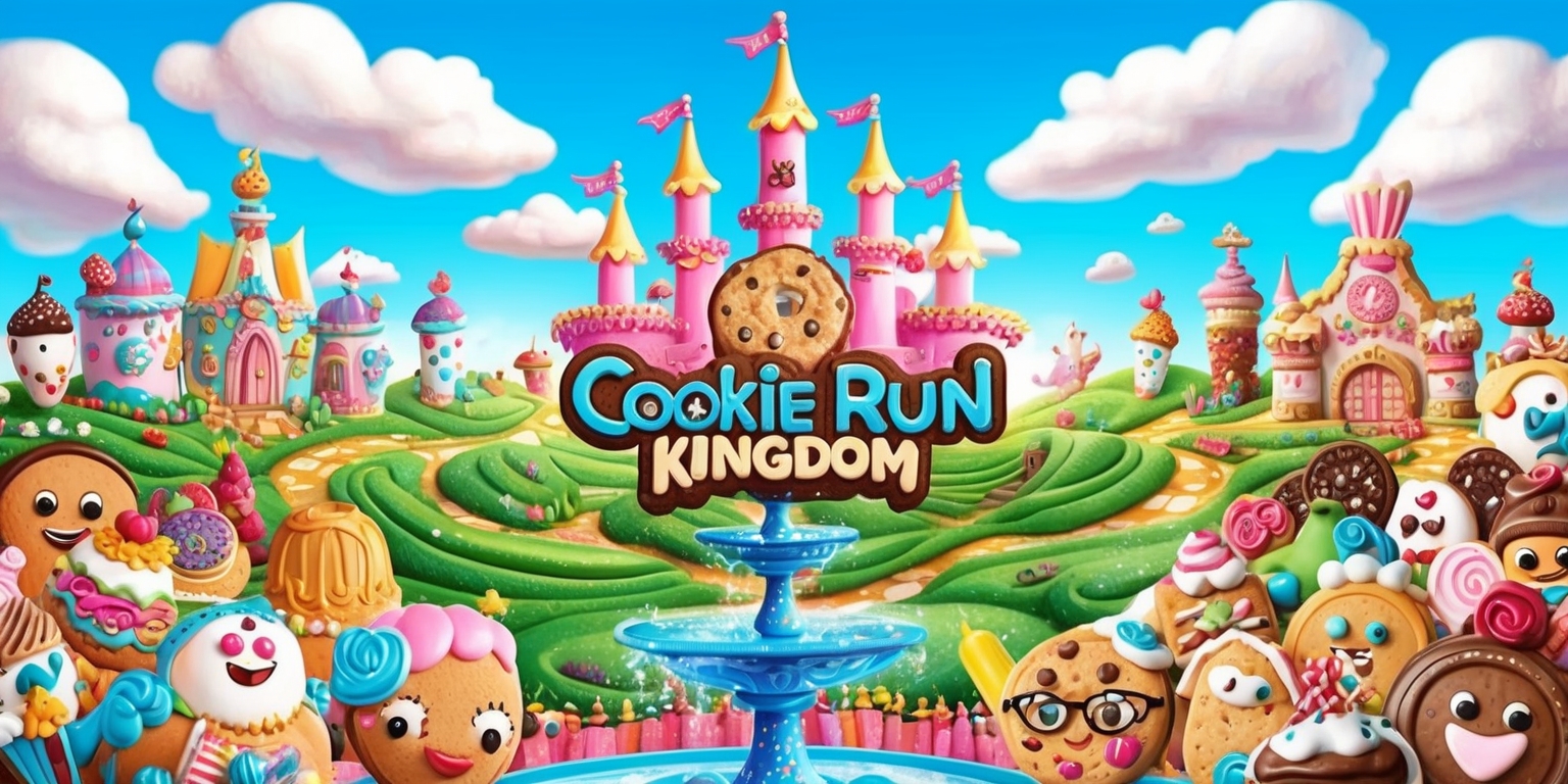 A vibrant illustration of the whimsical world of Cookie Run Kingdom, featuring a majestic kingdom with rolling hills, sparkling fountains, and colorful buildings adorned with sweet treats and ornate decorations, set against a bright blue sky with fluffy white clouds, inhabited by a diverse cast of cookie characters, each with unique designs, expressions, and accessories, showcasing a mix of fantasy and pastry-inspired elements, with intricate textures, and ornate details, blending 2D and 3D visual styles, reminiscent of a fantastical fairy tale, with bold lines, and bright, pastel colors.