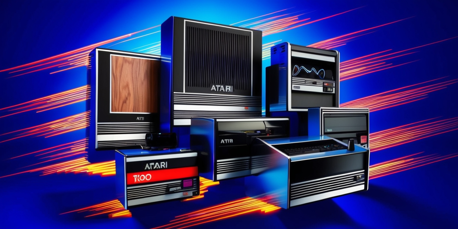 A vibrant, eye-catching advertisement featuring a collection of modernized Atari retro consoles against a bold, electric blue background that pops with neon accents, blending nostalgic charm with cutting-edge technology. The consoles, with sleek, angular designs and gleaming metallic finishes, are arranged in a staggered, diagonal layout, as if jumping off the page. Each console's distinctive features, such as the Atari 2600's iconic wood grain or the Atari 7800's bold, red accents, are showcased in meticulous detail. The text, in a stylized, pixelated font reminiscent of classic video games, wraps around the consoles, highlighting key features like 4K resolution, wireless controllers, and online multiplayer capabilities. The overall aesthetic is a vibrant, pulsing fusion of retro arcade excitement and modern innovation, with sharp, high-contrast lighting and subtle, glowing effects that evoke the thrill of late-night gaming sessions.