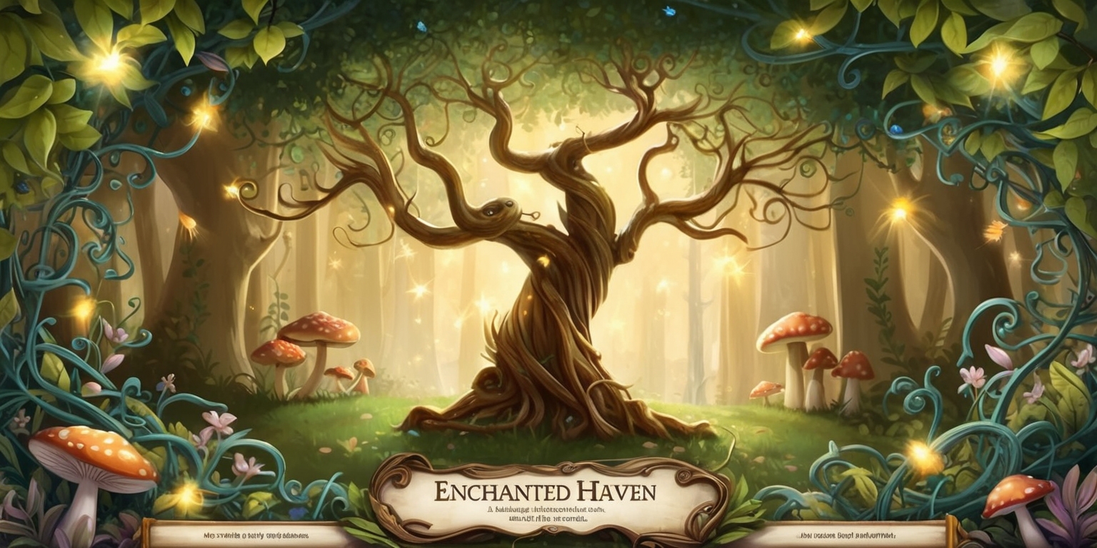 A whimsical illustration of the Enchanted Haven game, set in a mystical forest with twinkling fireflies and glowing mushrooms, depicting a serene atmosphere with a warm, golden light filtering through the lush green foliage. In the center, a beautifully rendered, intricately detailed tree serves as a focal point, its branches twisted and gnarled with age, surrounded by delicate, swirling patterns of vines and flowers. The color palette is a mix of earthy tones, with shades of green, brown, and beige, accented with soft, pastel hues of blue and purple. The overall style is reminiscent of a fantasy world, with a mix of realistic and stylized elements, blending traditional and digital media. The composition is well-balanced, with visual pathways guiding the viewer's eye through the scene, and the textured, organic elements inviting the viewer to step into the enchanted world.
