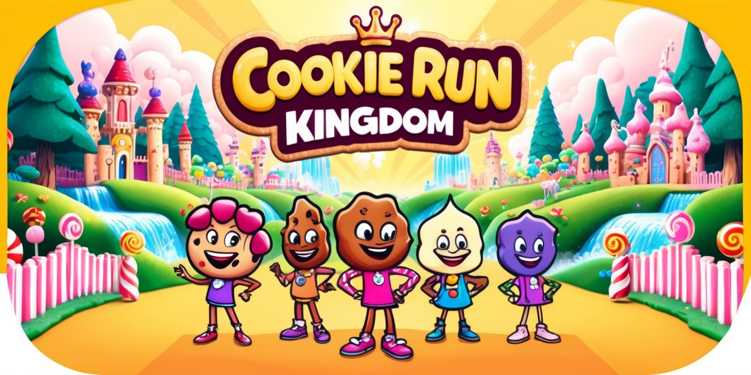 A vibrant and colorful illustration of the Cookie Run: Kingdom app, featuring the main characters, including Hollyberry Cookie, Pure Vanilla Cookie, and others, standing in front of a whimsical and fantastical kingdom backdrop with rolling hills, sparkling waterfalls, and towering trees. The characters are depicted in a playful and energetic style, with bold lines, bright colors, and exaggerated facial expressions. The kingdom's architecture is ornate and intricately detailed, with candy-shaped buildings, gumdrop trees, and lollipop fences. The background is a warm, sunny yellow, with fluffy white clouds and a subtle gradient effect. The Cookie Run: Kingdom logo, featuring a stylized cookie with a crown, is prominently displayed at the top of the image, in a bold, golden font with a subtle sparkle effect. The entire scene is framed by a thin, white border, with a subtle shadow effect to give it a sense of depth and dimensionality.