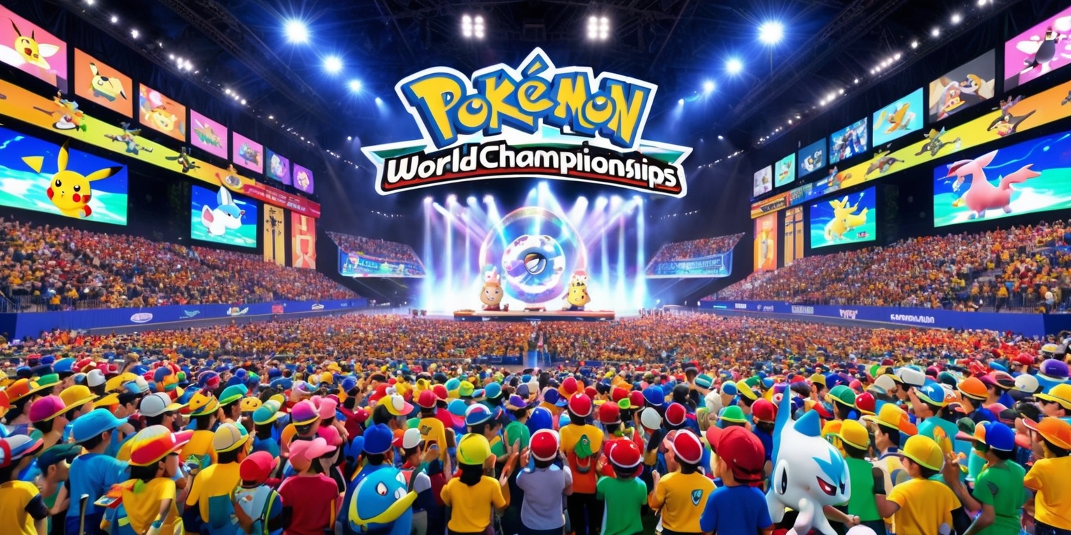 a vibrant and lively scene of the 2025 Pokémon World Championships event, with a large crowd of excited fans and trainers of diverse ages and skin colors, all wearing colorful clothing and hats, gathered in a massive indoor stadium with a huge stage, bright flashing lights, and large screens displaying Pokémon battles, the atmosphere is electric with anticipation, and the room is filled with Pokémon posters, banners, and flags, featuring various Pokémon characters, including Pikachu, Charizard, and Mewtwo, with the event logo prominently displayed in a bold, modern font, in a rainbow of colors, including red, blue, yellow, and green, with the championship trophy standing tall on the stage, surrounded by Pokémon cards, video games, and other merchandise.