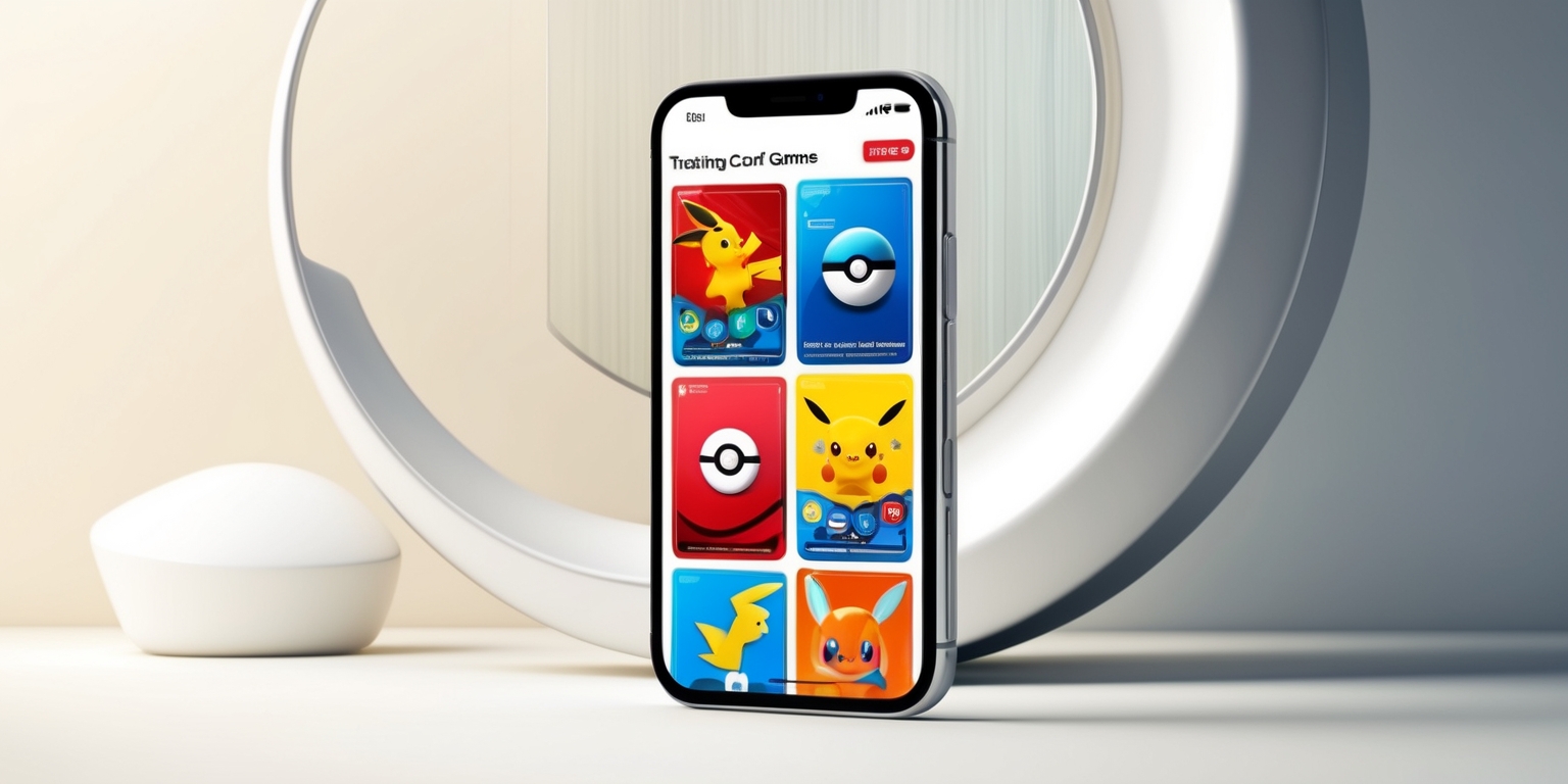 A modern, vibrant, and detailed illustration of the Pokémon Trading Card Game app on a sleek, silver, and slender smartphone screen, set against a soft, creamy white background that subtly gradates to a light grayish-blue tone towards the edges, evoking a sense of digital ambiance. The app's interface features a bold, bright, and colorful design, with iconic Pokémon characters and symbols, such as Pikachu, Charizard, and the Poké Ball, prominently displayed in various vibrant hues, including red, blue, yellow, and orange, with subtle shading and textures that give a sense of depth and dimensionality. The screen is crisp and clean, with minimal UI elements and plenty of negative space, allowing the Pokémon characters to take center stage. The overall aesthetic is playful, youthful, and energetic, capturing the excitement and nostalgia of the Pokémon brand.