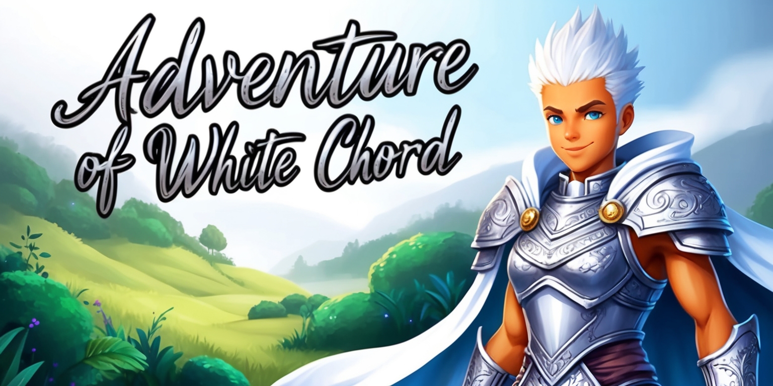A vibrant illustration depicting an idle RPG game titled Adventure of White Chord showcasing a fantastical realm with lush greenery, rolling hills, and a faint misty atmosphere. In the foreground, a brave warrior with short, spiky white hair, bright blue eyes, and a warm golden complexion stands confidently, donning a set of gleaming silver armor adorned with intricate engravings and a flowing white cape. The game's title is inscribed in bold, cursive script-like font with silver outlines, hovering above the warrior's head. The background is a soft, gradient blend of blues and whites, evoking a sense of parchment or ancient scrolls. The overall composition is balanced, with negative space cleverly utilized to draw attention to the central hero and the game's title. The color palette is a mix of calming blues, whites, and silver accents, exuding a sense of wonder and adventure.