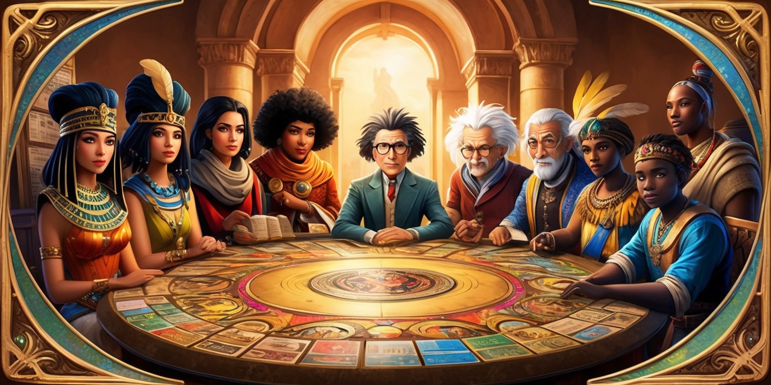 A vibrant, illustrated game scene depicting a majestic, ornate table with numerous playable characters from different eras and cultures, each with unique attire and accessories, surrounded by historic relics, books, and scrolls, set against a warm, earthy-toned background with subtle, golden lighting, evoking a sense of adventure and discovery, with bold, expressive linework and textures reminiscent of classic editorial illustrations, featuring a diverse range of heroes including a regal, dark-haired Cleopatra with golden accents, a determined, bespectacled Albert Einstein with wild hair, and a brave, young, dark-skinned African warrior with a feathered headdress, among others, all gathered around a large, ornate game board with intricate, curved lines and vibrant, colored tiles, adorned with subtle, shimmering effects and ornate, metallic frames, inviting players to join the epic journey through time.